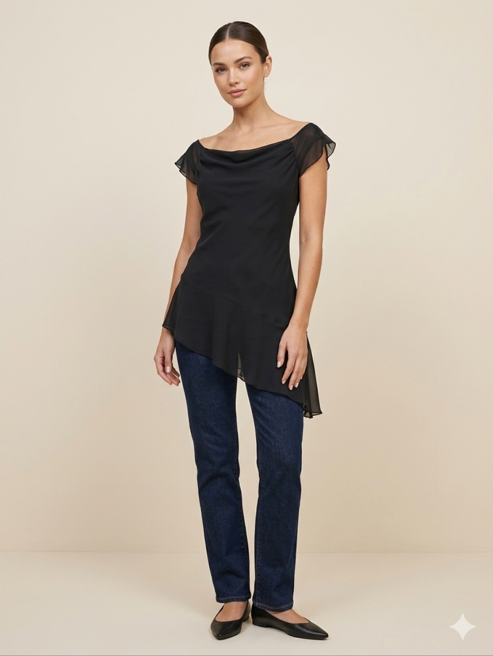 My Michelle Vintage Y2K Black Asymmetrical Ruffle Hem Top Sheer Cap Sleeve S